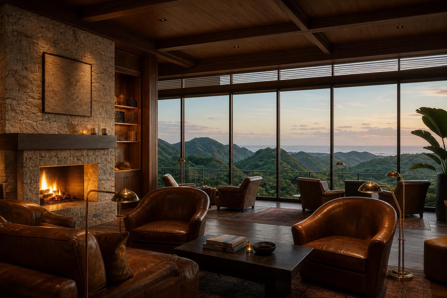Interior of mountain club lounge with fireplace and ocean view at dusk