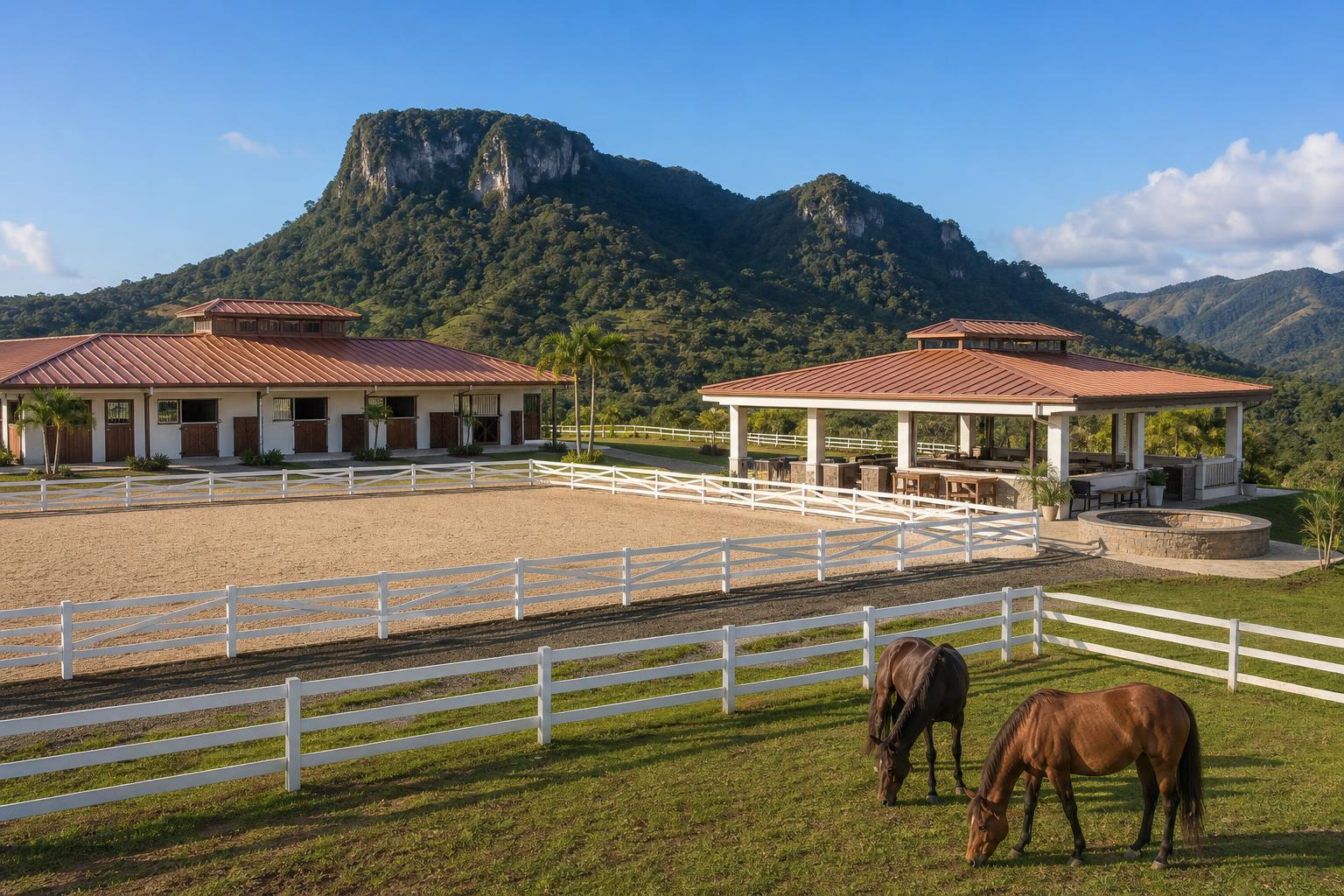 Paso Fino horses galloping on the beach at dawn beneath cliffs