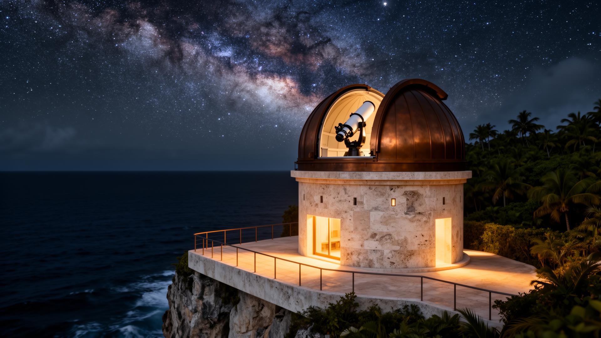 Cliffside observatory at night under the Milky Way