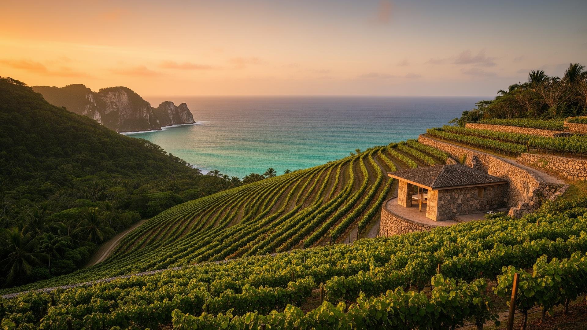 Terraced vineyards descending toward the Caribbean ocean at sunset