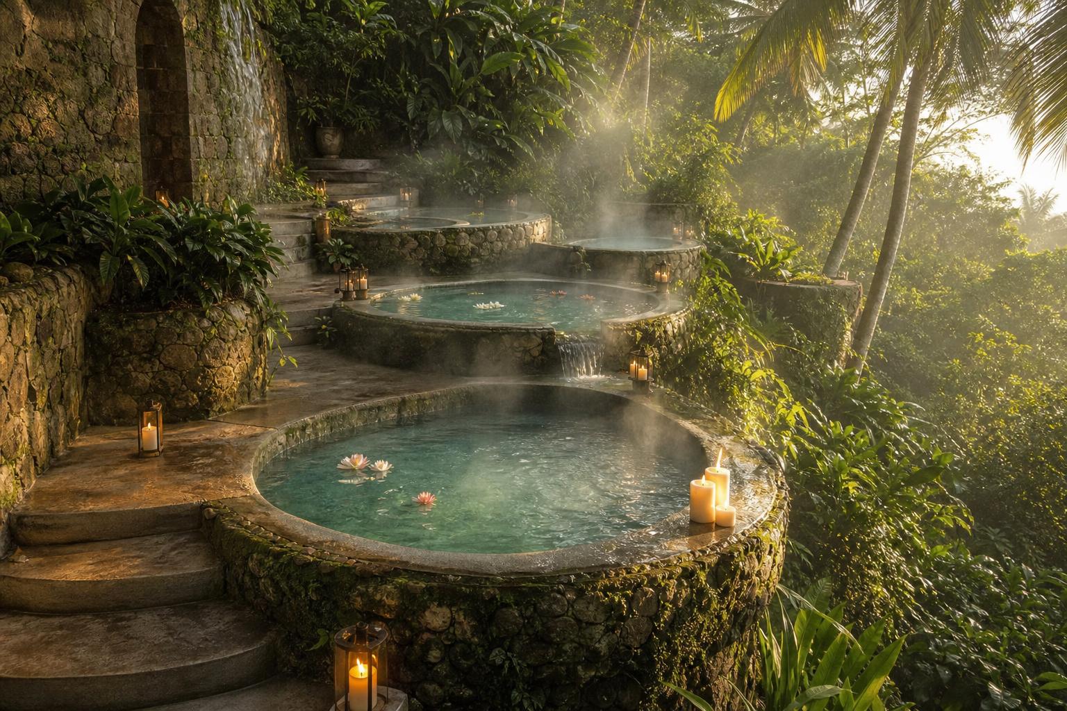 Cascading stone hydrotherapy pools in jungle steam at dawn