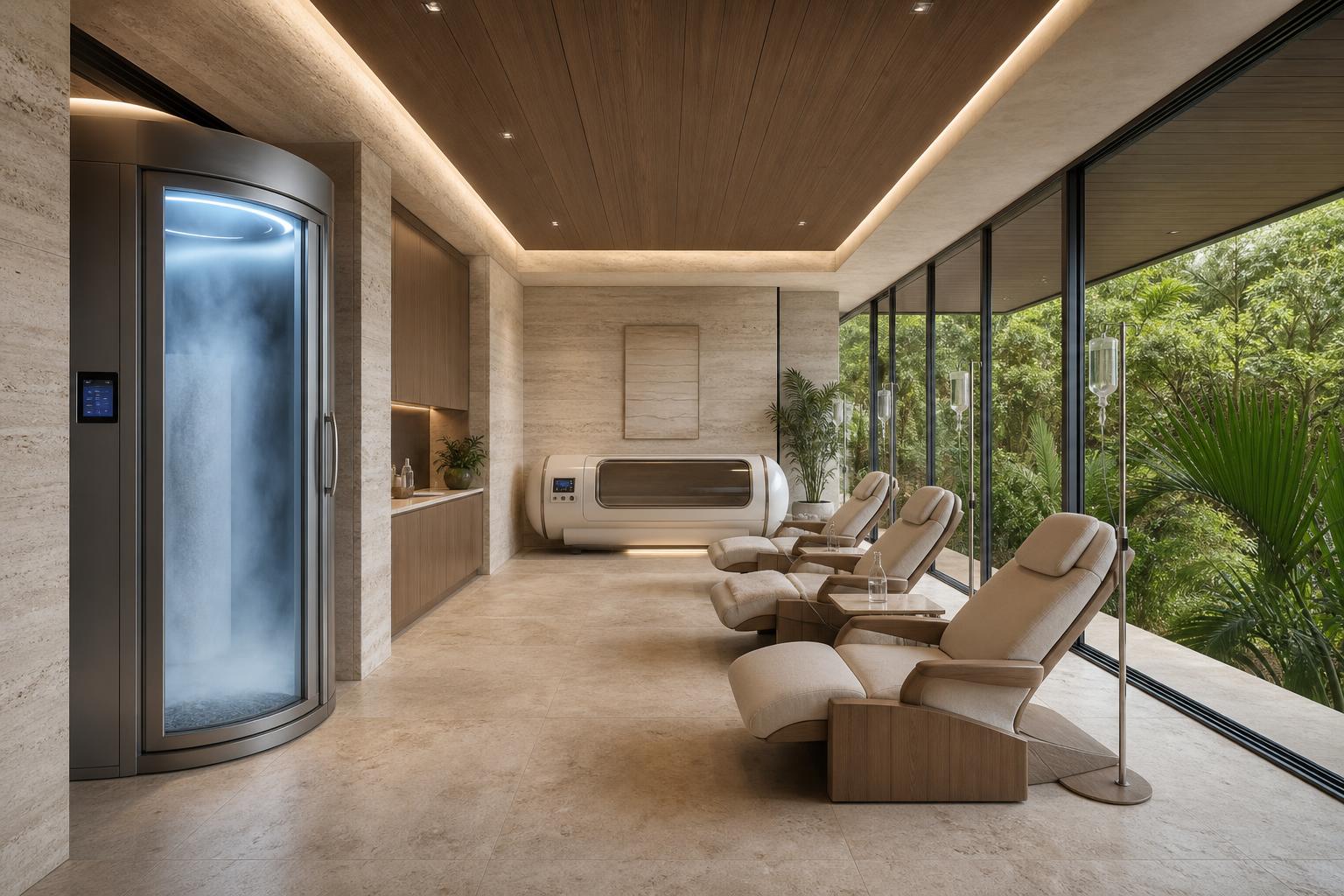 Minimalist longevity clinic interior opening to the jungle