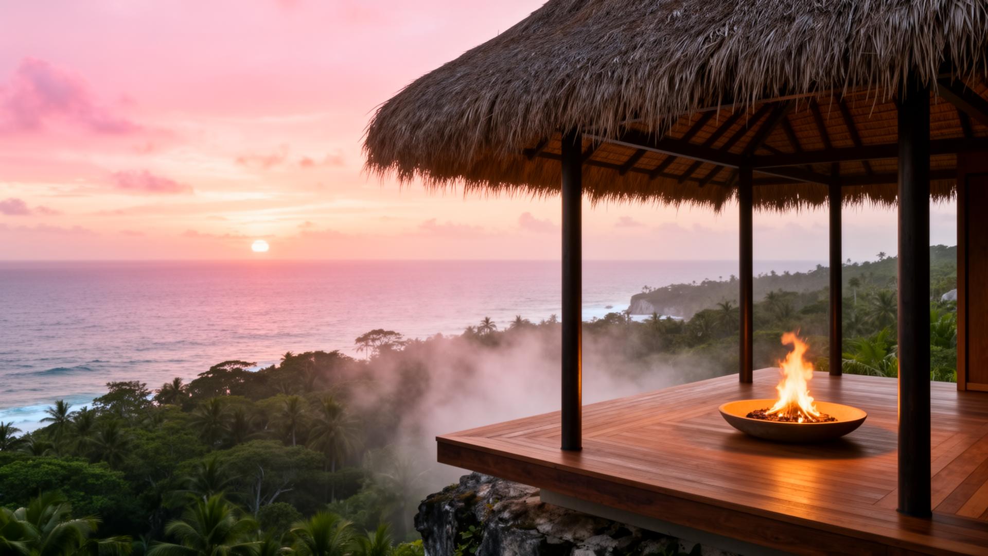Oceanfront meditation pavilion at sunrise on the cliff
