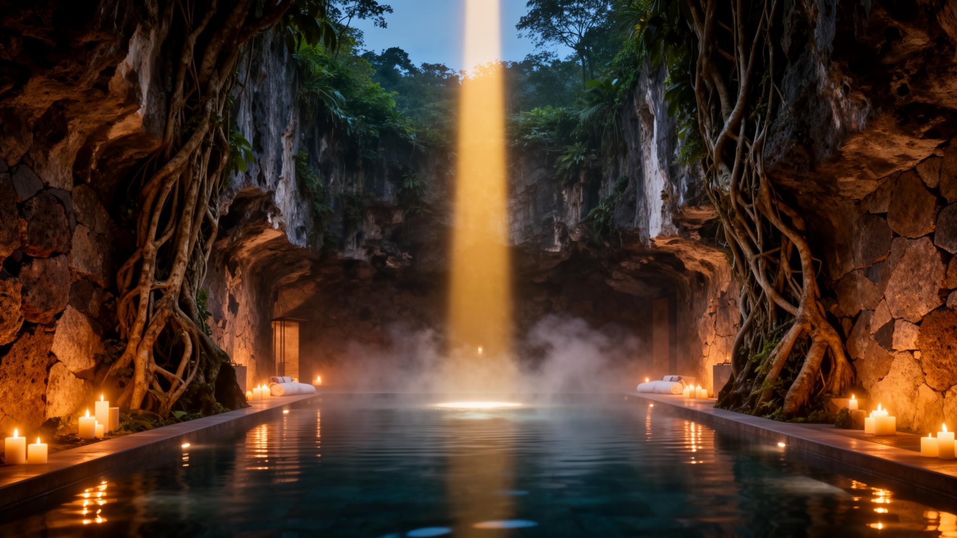 Hammam carved into limestone cliff with skylight steam