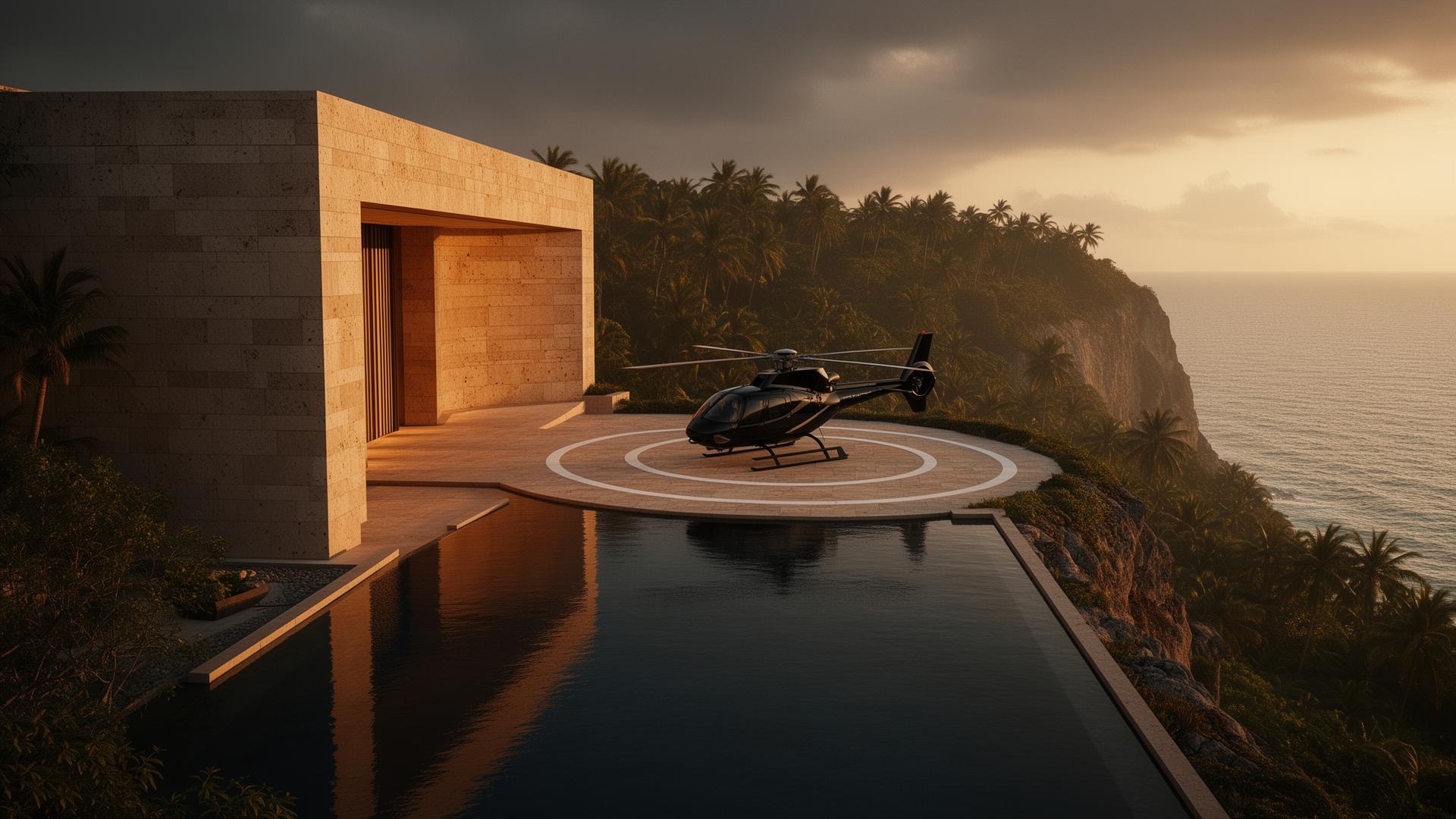 Cliffside arrival pavilion with helicopter at golden hour