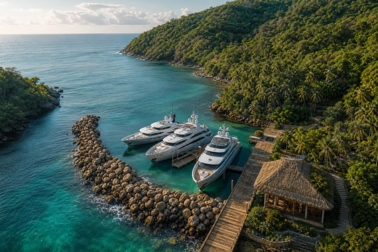 Private superyacht marina between two limestone cliffs at dusk