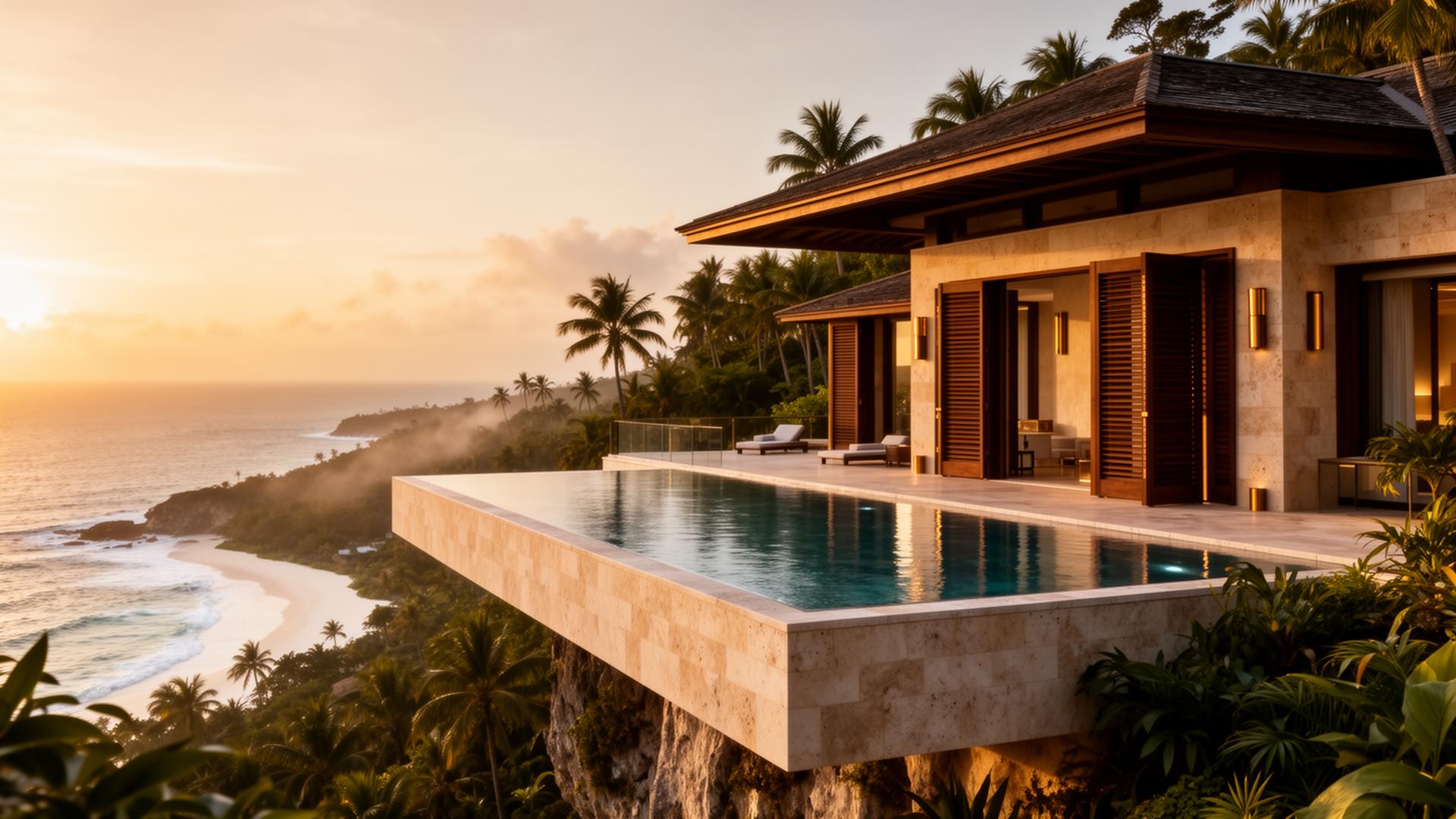 Cliffside villa with cantilevered infinity pool at golden hour